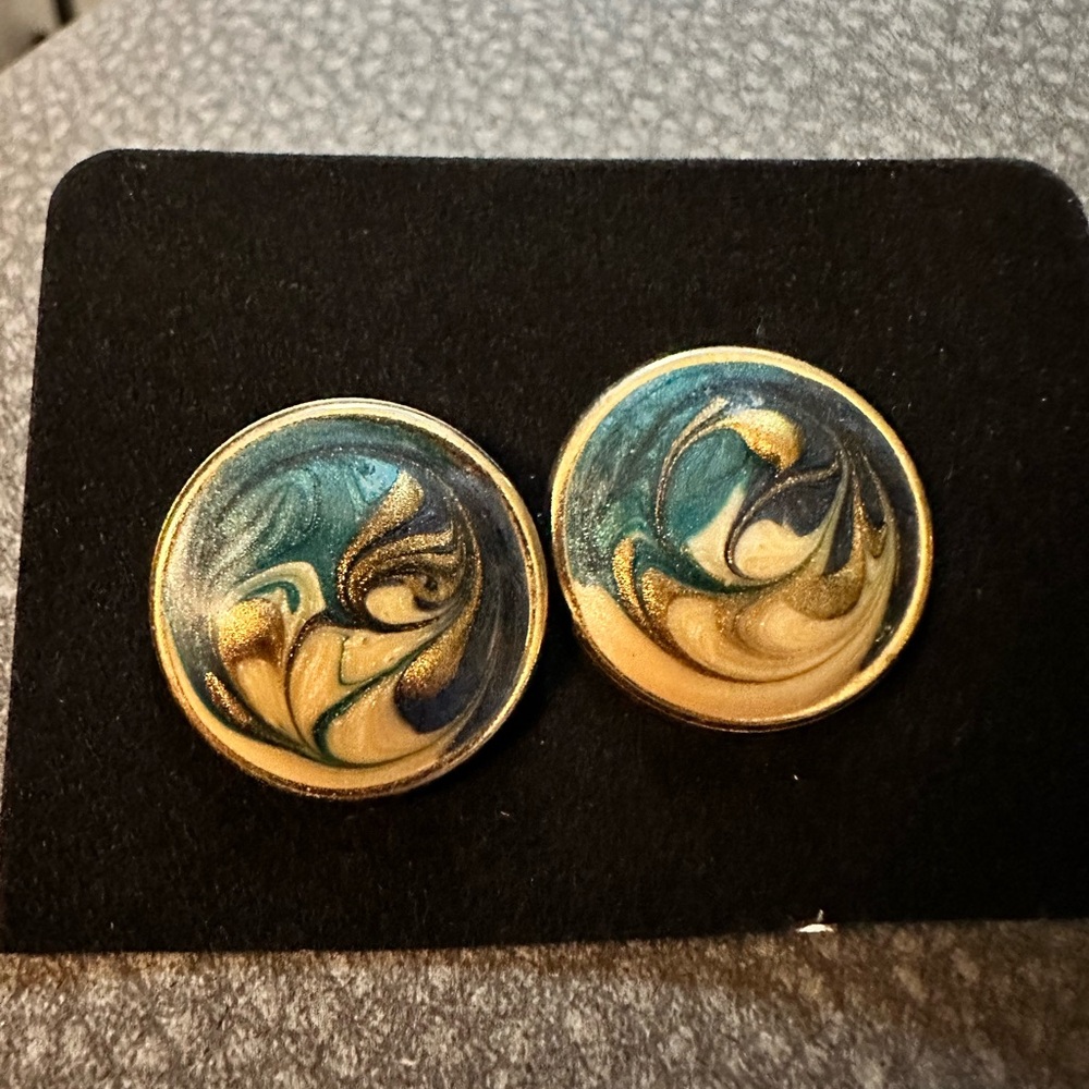 Vintage Gold and Teal Marble Painted Round Earrings
